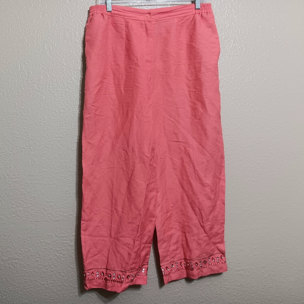 Lino USA Bright Neon Coral Studded Linen Blend Capri Pants Wide Leg